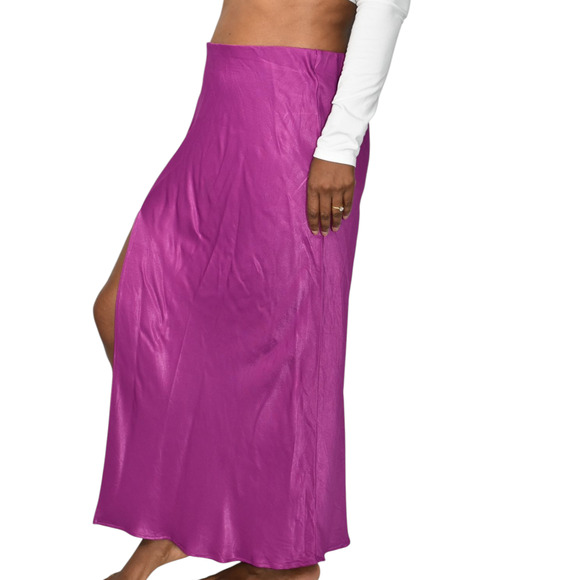 Anthropologie Satin Slip Skirt Purple Magenta Slit Midi Column Viscose Medium - Picture 6 of 14